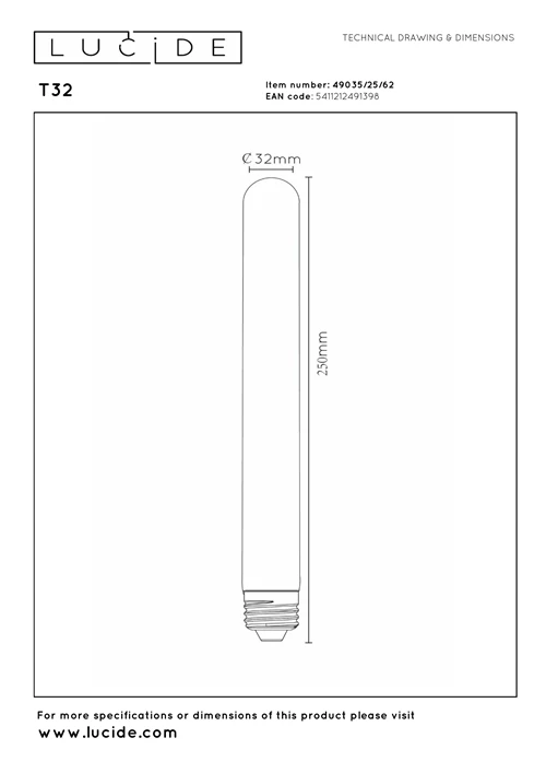 Lucide T32 - Ampoule filament - Ø 3,2 cm - LED Dim. - E27 - 1x4,9W 2200K - Ambre - technique